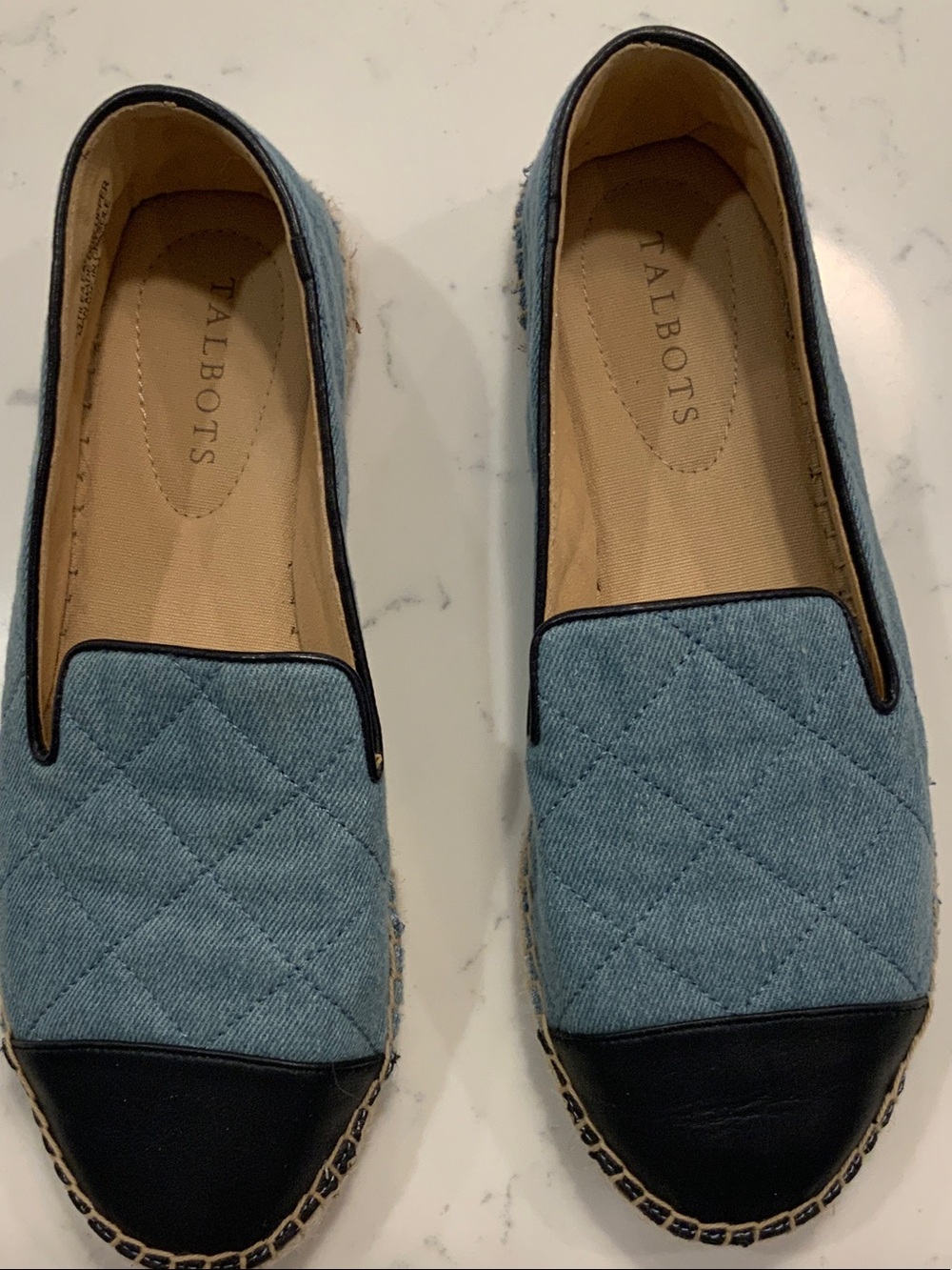 Talbots Quilted Light Blue and Black Slip-On Espadrille Mules